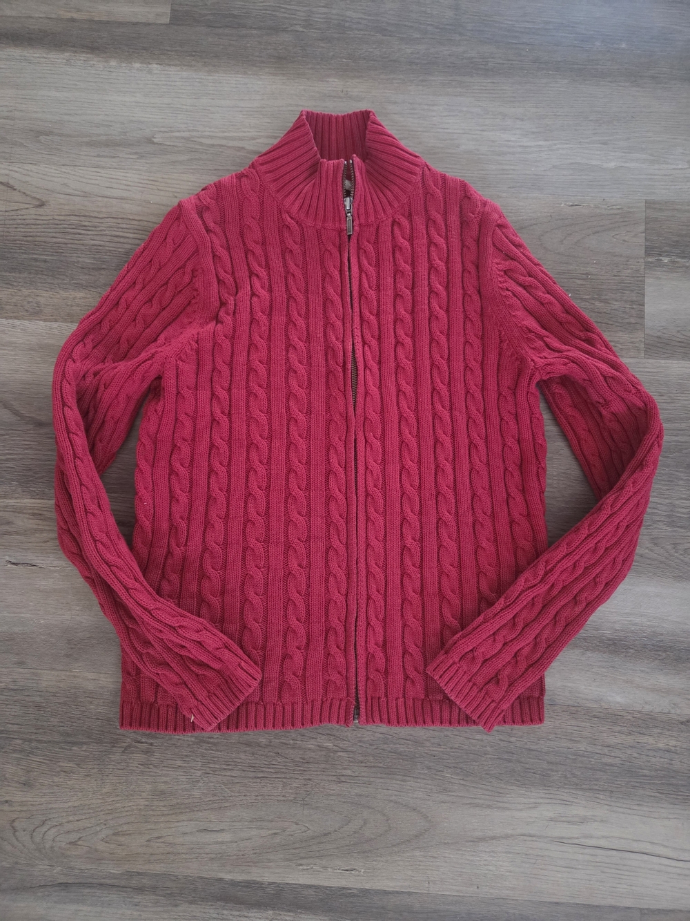 LL Bean Red Full Zip Cable Knit Fisherman Sweater Jacket Sz M  Grandmacore